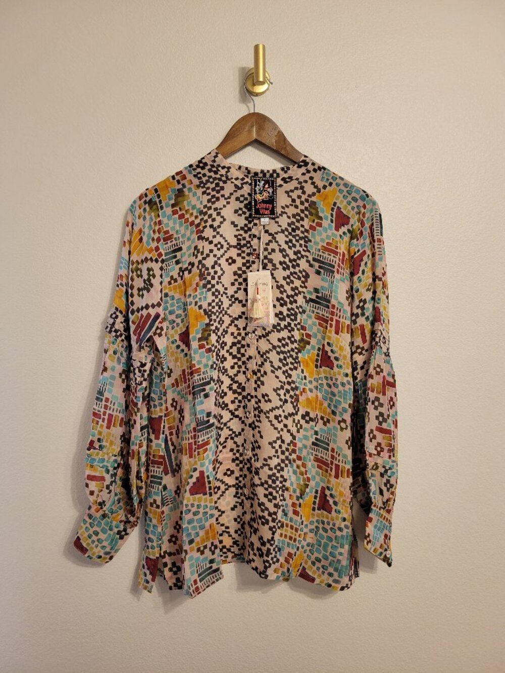 Johnny Was Malina Blouse Etris Geometric Aztec Print Small Womens Artsy FLAW NWT